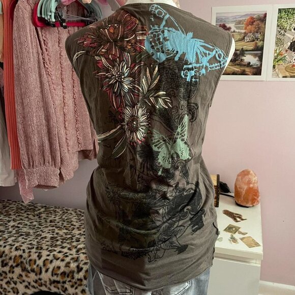 Y2K EDC Olive Green Deep V-Neck Top - Picture 3 of 6